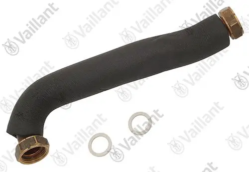 Schwarzes, isoliertes Rohr mit Kupferanschlüssen und Dichtungen von Vaillant, geeignet für Heizungsinstallationen.